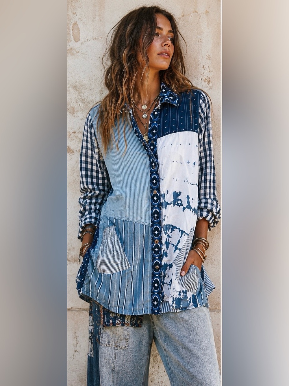 John mark blue white patchwork boho tunic long sleeve lightweight blouse L